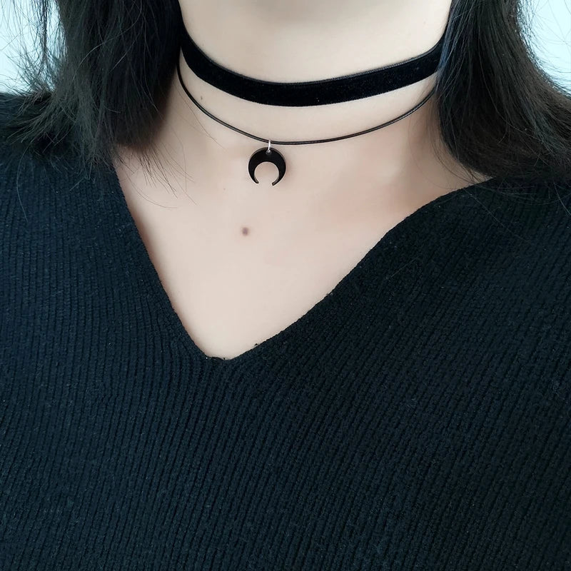 Black Acrylic Moon Crescent Pendant Choker Necklace for Women