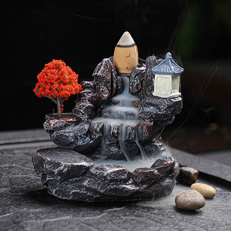 Resin Backflow Incense Burner Mountains River Waterfall Home Decor