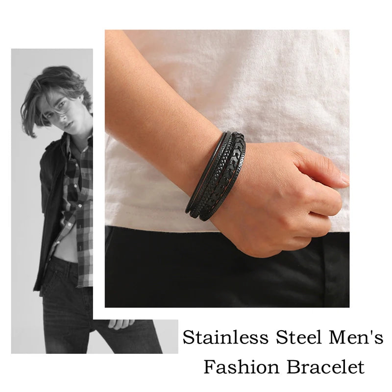 Men's Multi-Layer Leather Rope Braided Bracelet with Magnetic Buckle