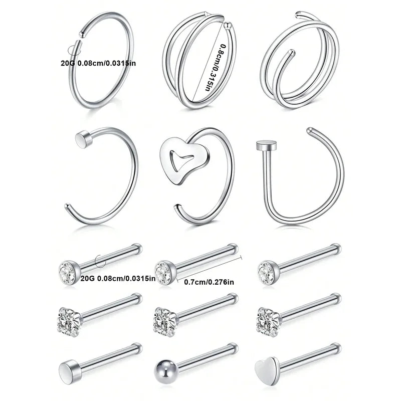 15Pcs Stainless Steel Nose Rings Studs Hoops Lip Bone Shaped Piercing Jewelry