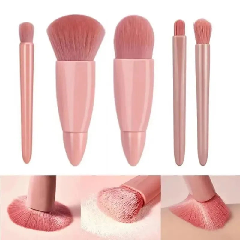 5-Piece Makeup Brush Set with Mirror & Case - Portable Cosmetic Tools