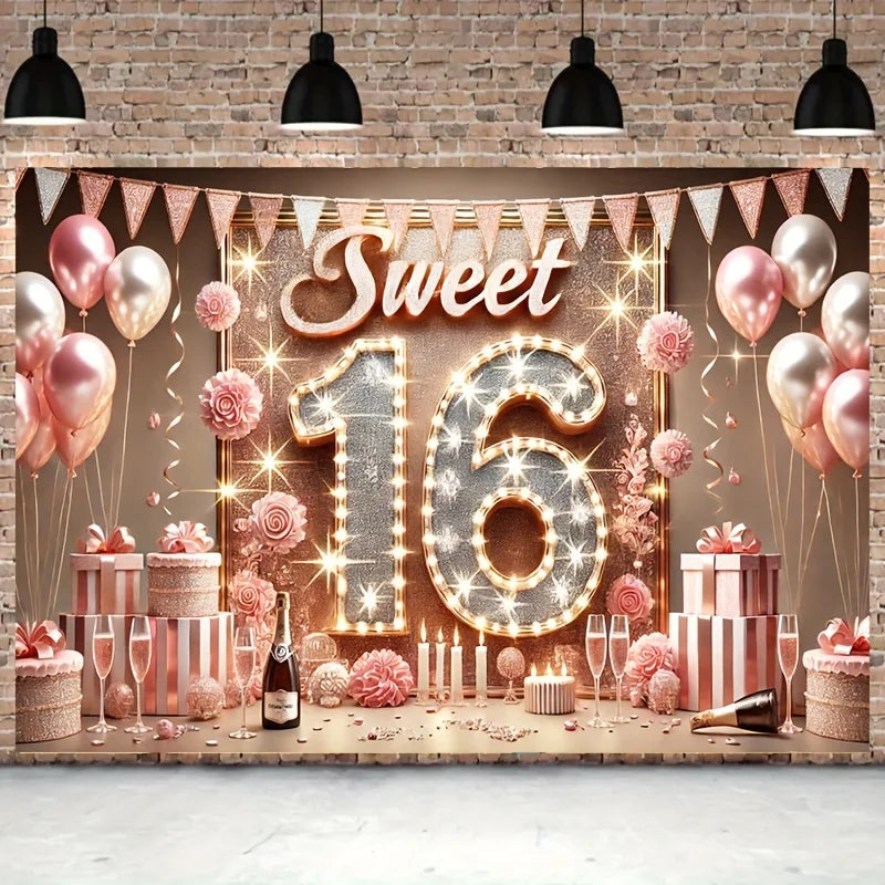 Sweet 16 Birthday Banner Decoration Polyester Background for Celebration