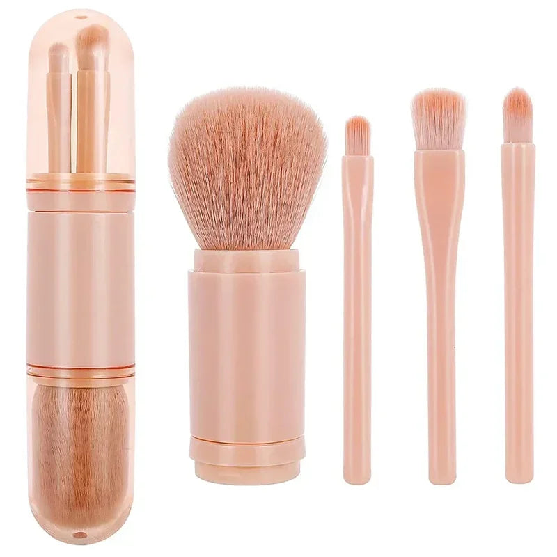 4-in-1 Retractable Makeup Brush Set with Soft Bristles for Face & Eyes - Portable Travel Cosmetic Tools