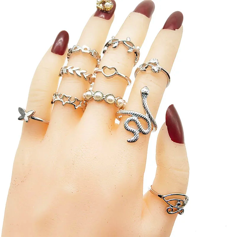 30PCS Mix Style Silver Color Pearl Finger Rings Animal Snake Leaf Party Jewelry Girl Gift