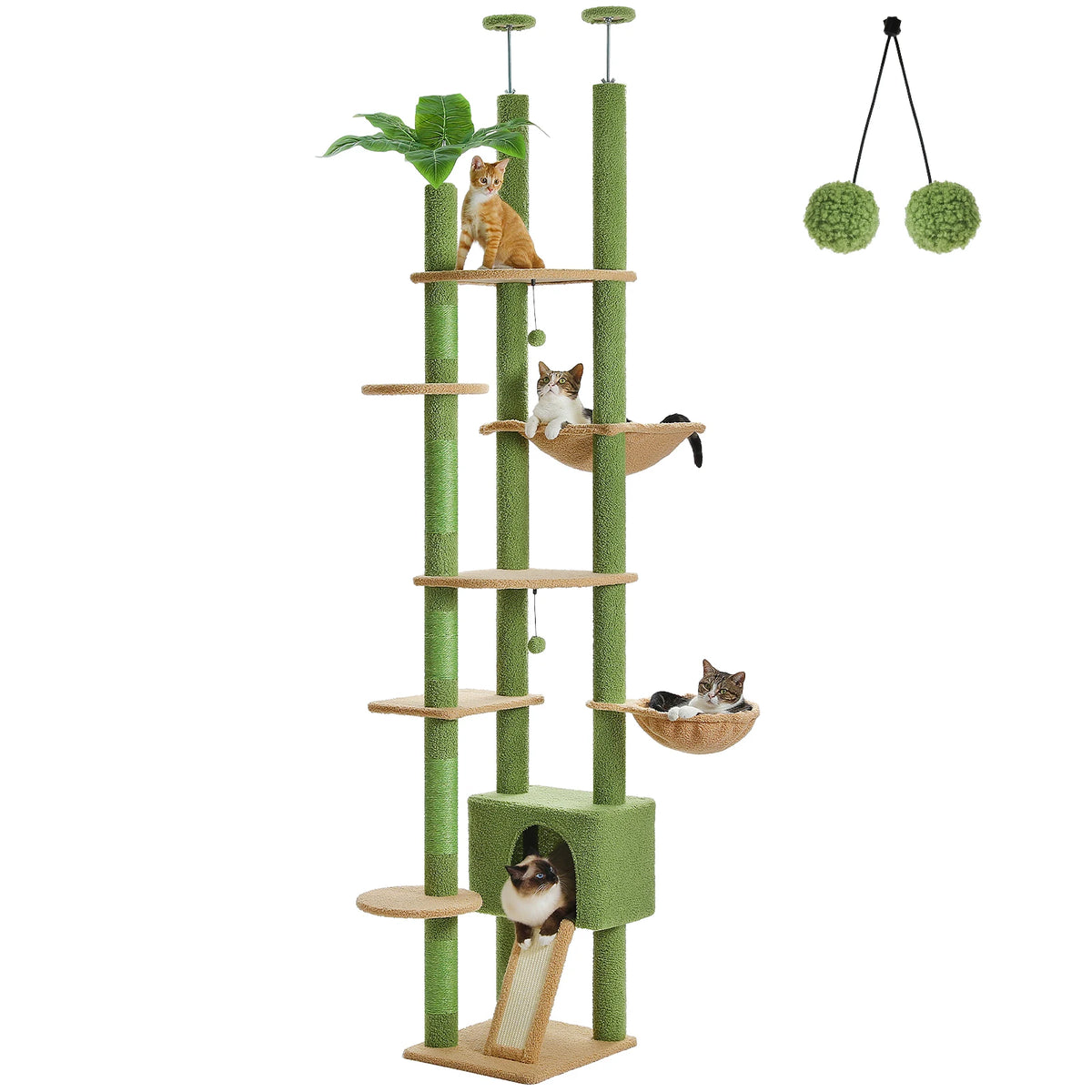 Adjustable Floor-to-Ceiling Cat Tree Tower with Cactus Design, Condo, Hammock & Scratching Post