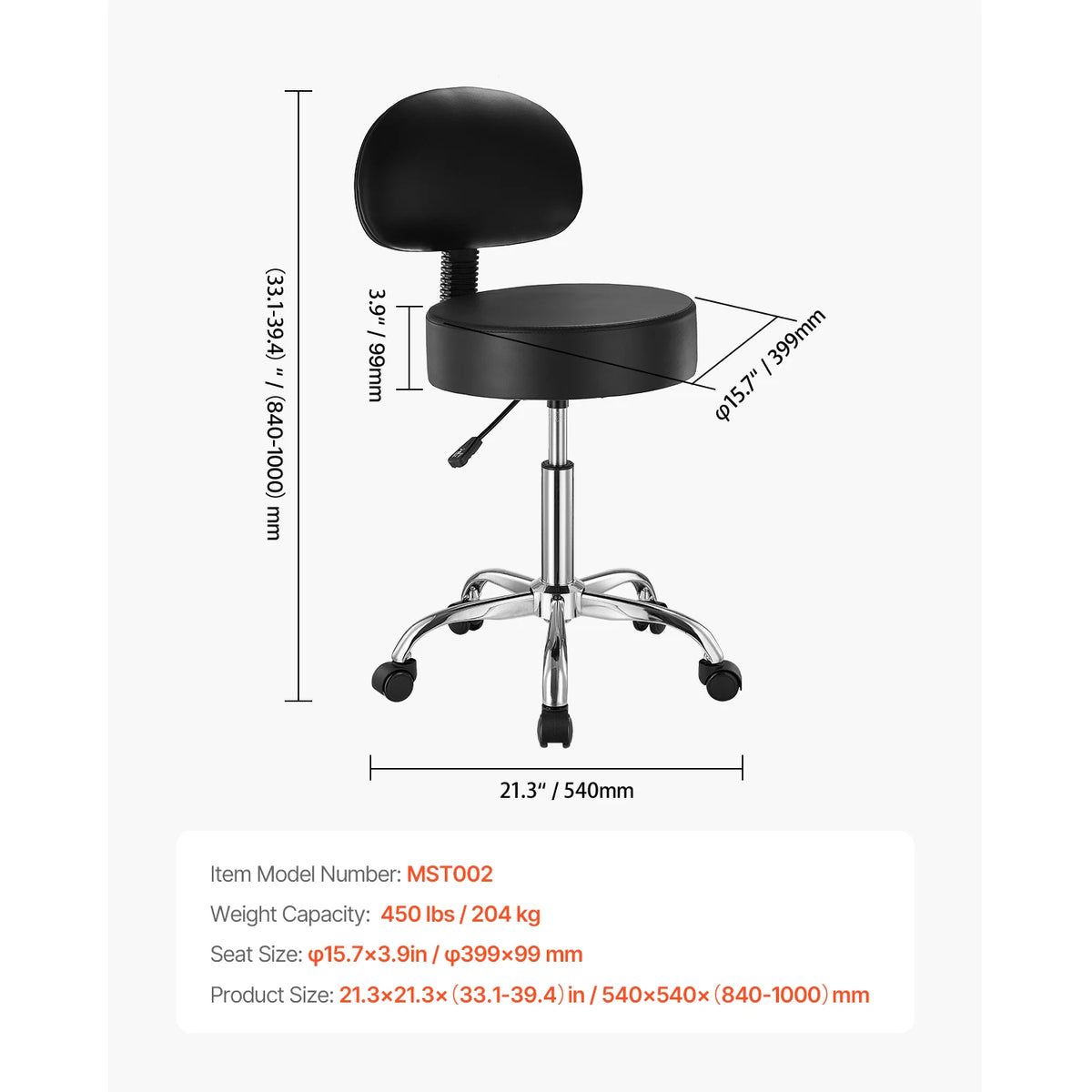 Adjustable Rolling Stool Chair with Wheels Supports 450 lbs for Salon Spa Clinic