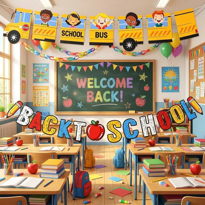 Back to School Classroom Decoration Sign with School Bus Banner and Apple Pencil - Kindergarten Graduation Decor