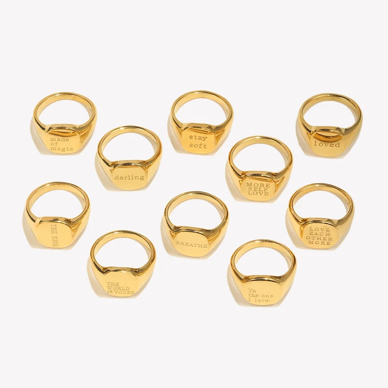 Minimalist Letter Word Silver Stainless Steel Ring for Women - Water Resistant, Gold Plated