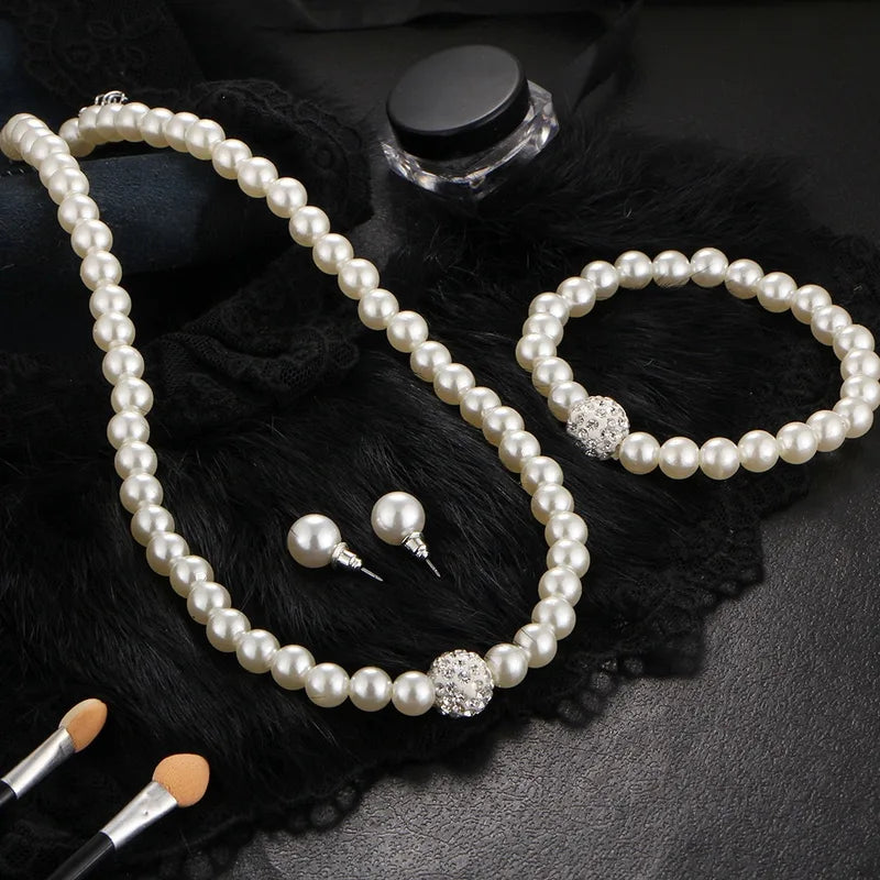 Imitation Pearl Fireball Jewelry Set with Necklace Bracelet Earrings - Silver or Gold Color