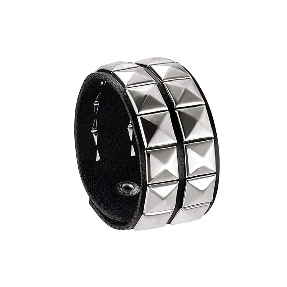 Adjustable Goth Leather Wristband with Spiked Rivet Buckle for Men Women
