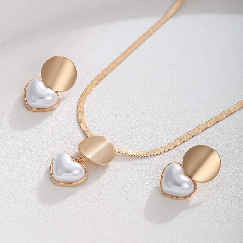 Heart Shaped Pearl Jewelry Set for Women - Earrings and Necklace