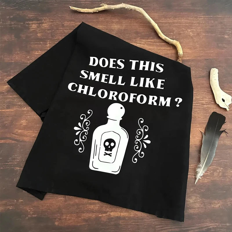 Black Gothic Tea Towel with Chloroform Scent Print - Halloween Kitchen Decor