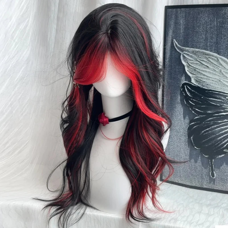 Long Wavy Synthetic Wig for Women - Black Ombre Red Layered Cosplay & Party Hair