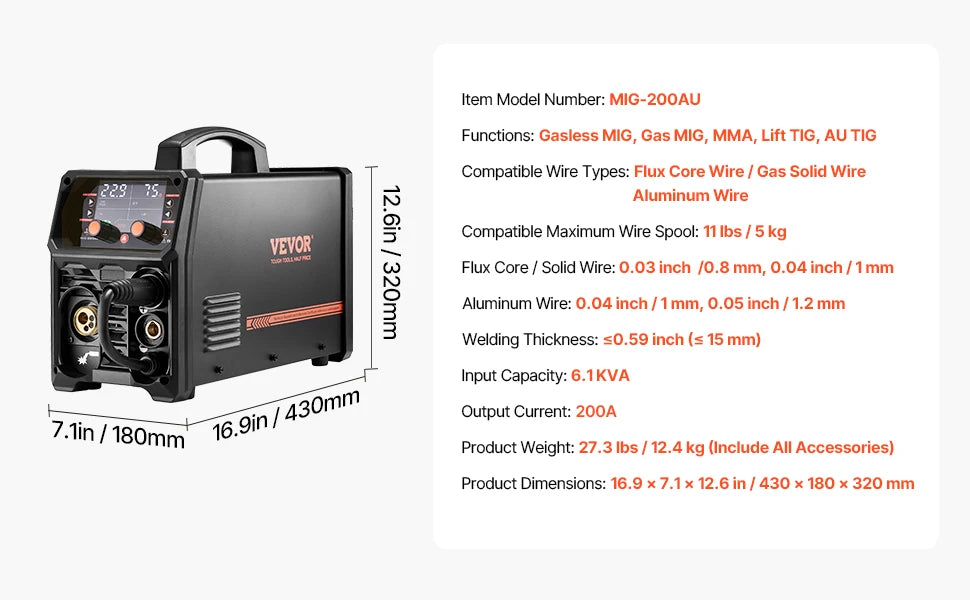 5-in-1 MIG Welder 200Amp Gas & Flux Core MMA TIG with LCD Display