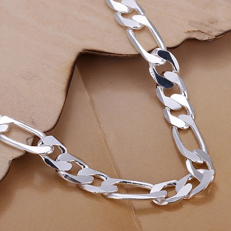 8mm Silver Chain Bracelet for Women Men Wedding Jewelry Figaro Style