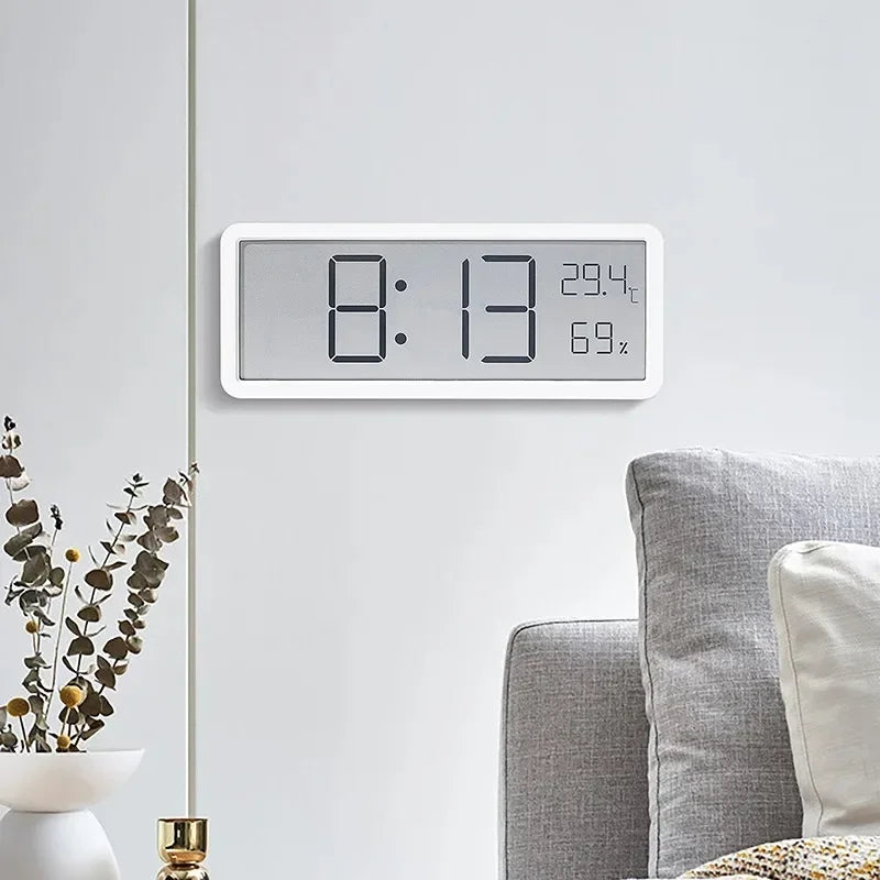 Digital Wall Clock LCD Screen Time Temperature Humidity Battery Powered