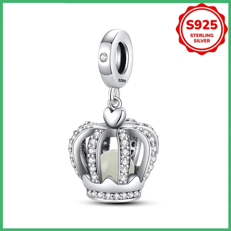925 Sterling Silver Luminous Crown Charm Beads for DIY Jewelry Bracelets & Necklaces