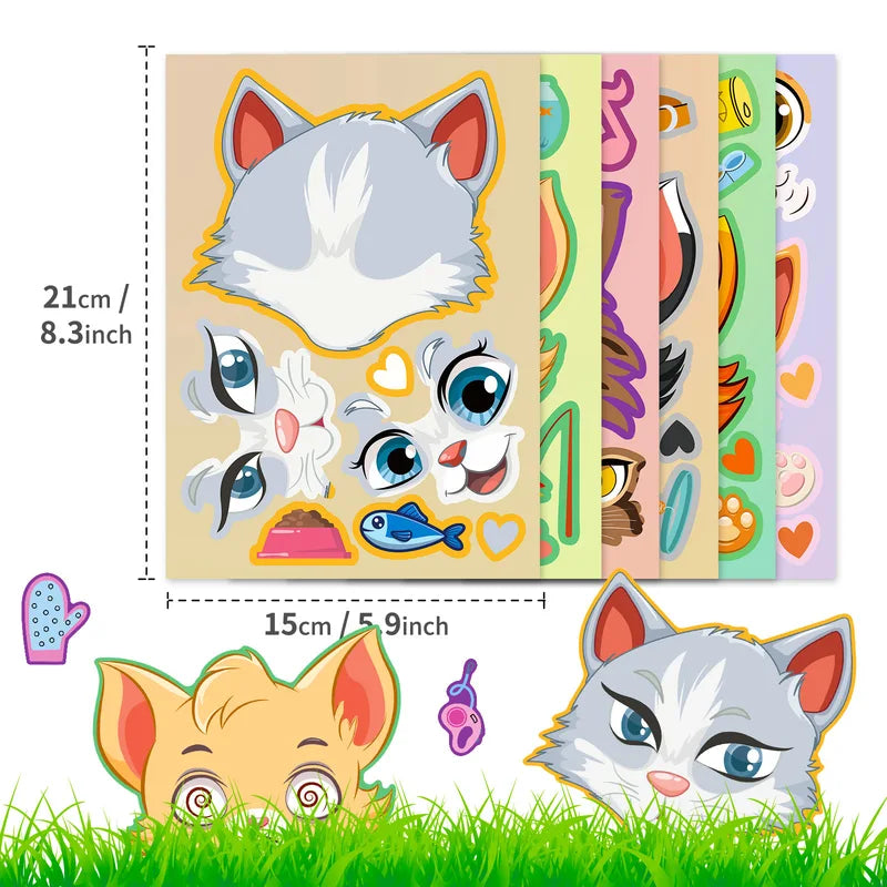 6pcs Cartoon Cat Face Changing Puzzle Stickers Kids DIY Face Toy Animal Accessories