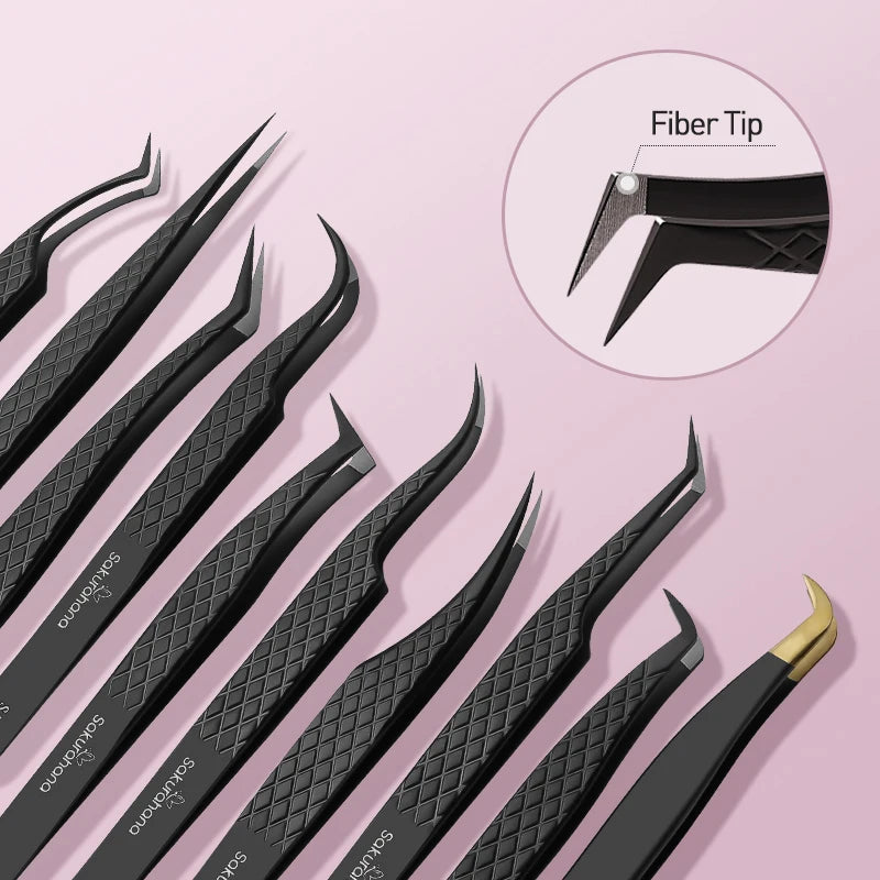 Professional Eyelash Tweezers for Lash Extensions - Black Fiber Tip Makeup Tool