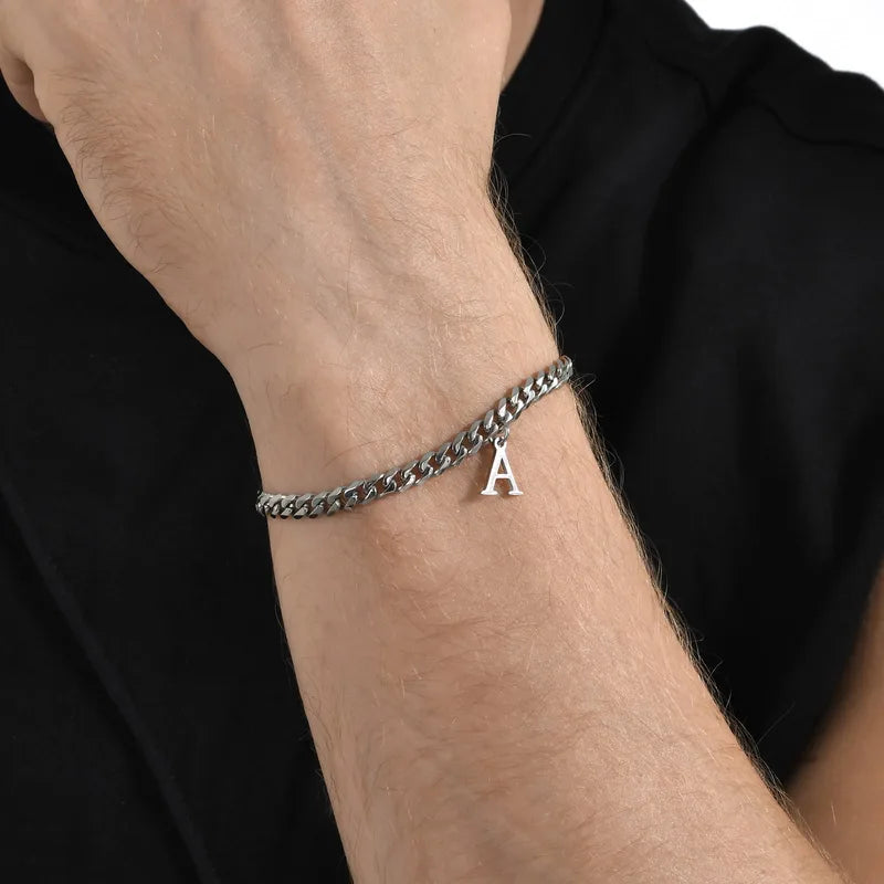 Men's Initials Cuban Link Chain Bracelets - Stainless Steel Alphabet Charm Wristband, Adjustable, Gift-Ready