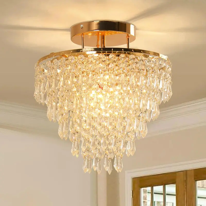11.8 Inch Gold Crystal Chandelier Ceiling Light - 5 Tiers Raindrops Pendant Fixture for Bedroom Living Room Hallway