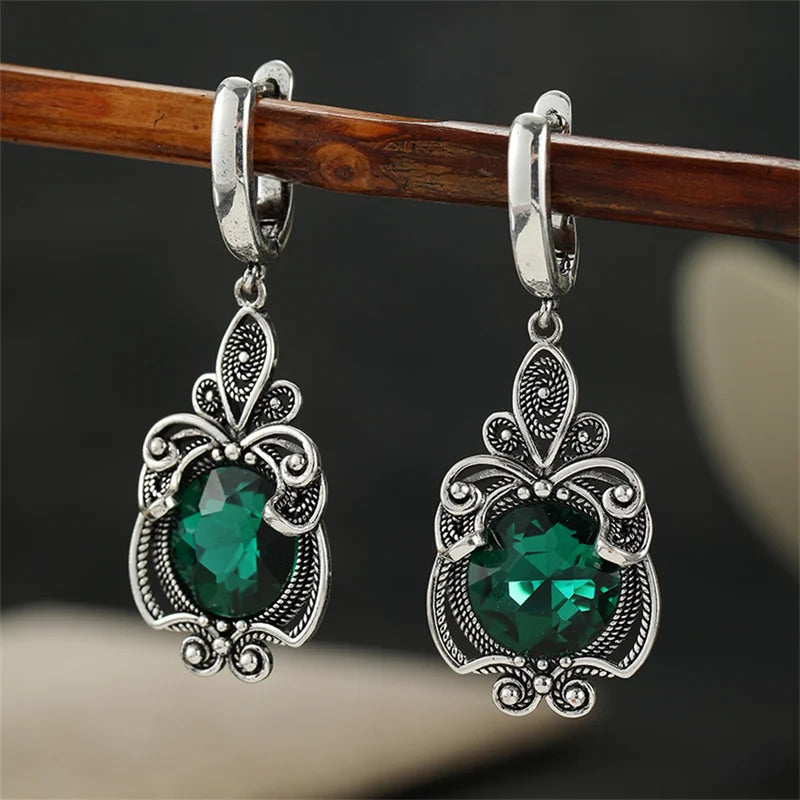 Vintage Green CZ Dangle Earrings for Women Silver Hand Carved Jewelry