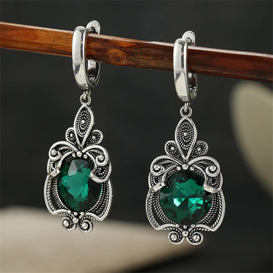 Vintage Green CZ Dangle Earrings for Women Silver Hand Carved Jewelry
