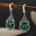 Vintage Green CZ Dangle Earrings for Women Silver Hand Carved Jewelry