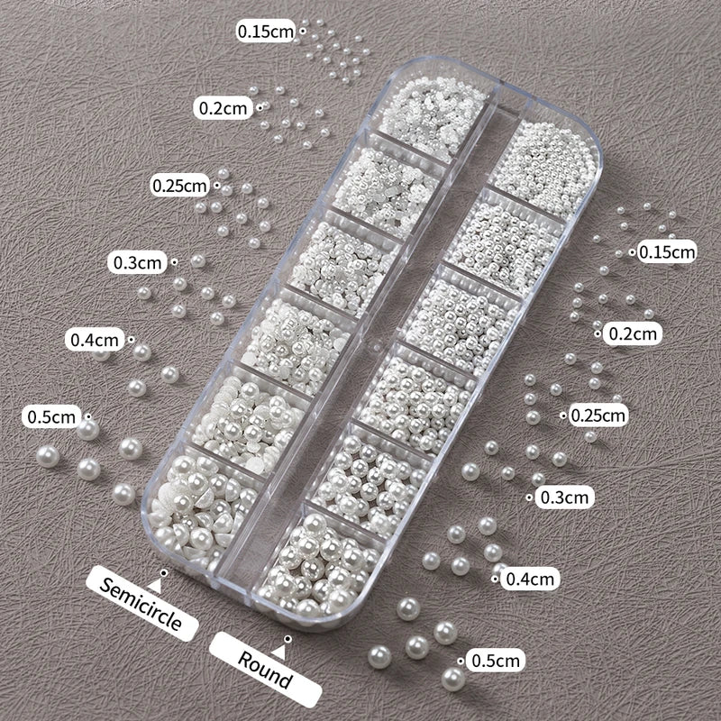 12-Grid Mixed White Pearl Nail Charms for Manicure DIY Jewelry