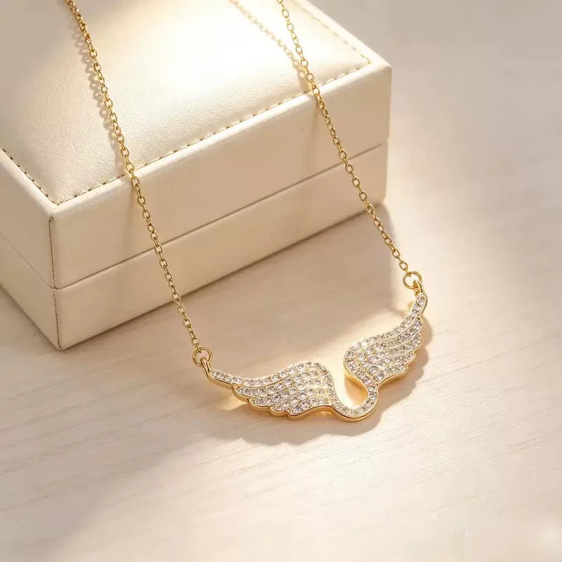 Zircon Necklace with Crown Heart Angel Wings Pendant Stainless Steel Jewelry