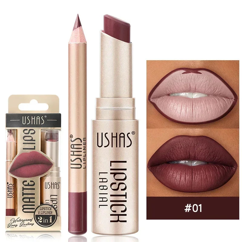 2 in 1 Lipstick and Lip Liner Set Waterproof Long Lasting Matte Makeup for Women