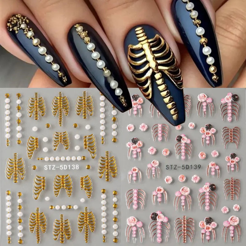 Halloween 5D Embossed Skull Nail Stickers with Pink Roses and Gold Bones for Elegant Nail Art