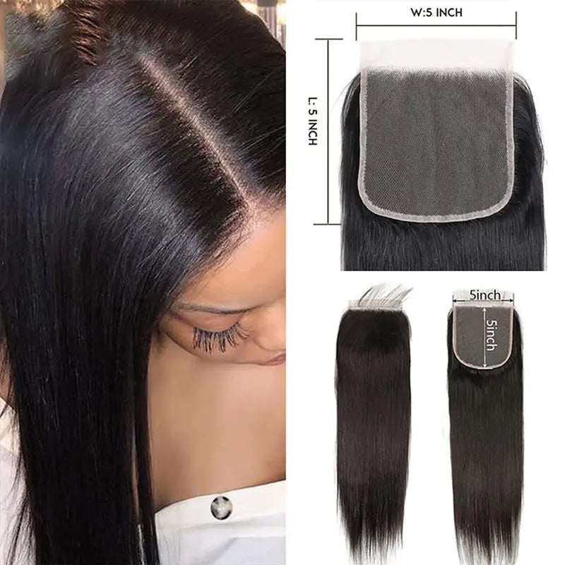 Virgin Human Hair Bundles with 5x5 Closure - Straight 10-30 Inch