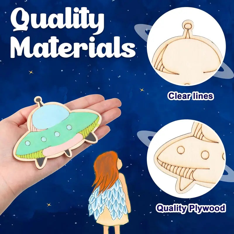 Wooden Space Craft Cutouts for Kids DIY Art Projects and Home Decor - 32 Pieces