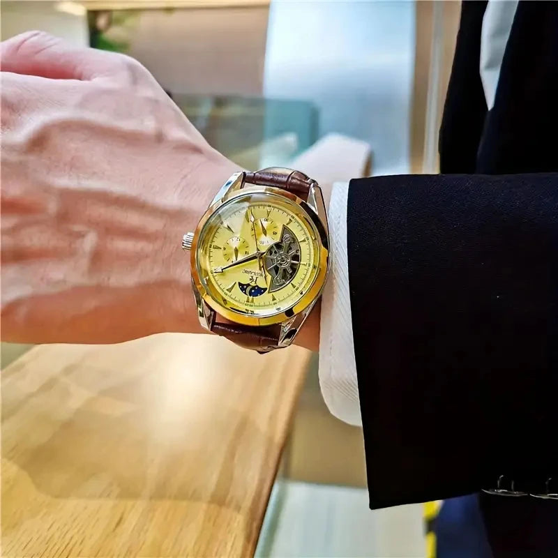 Men's Automatic Mechanical Watch with Moon Phase Skeleton Design - No Battery Needed