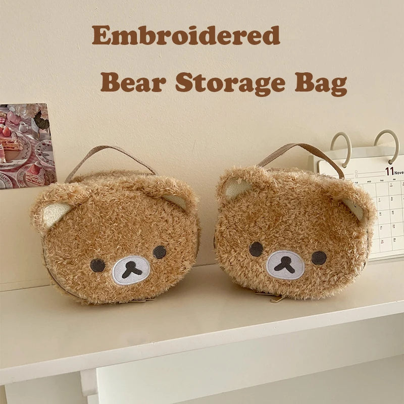 Cute Bear-Shaped Plush Cosmetic Bag with Multi-Compartment Jewelry Organizer - Travel Makeup Storage Pouch