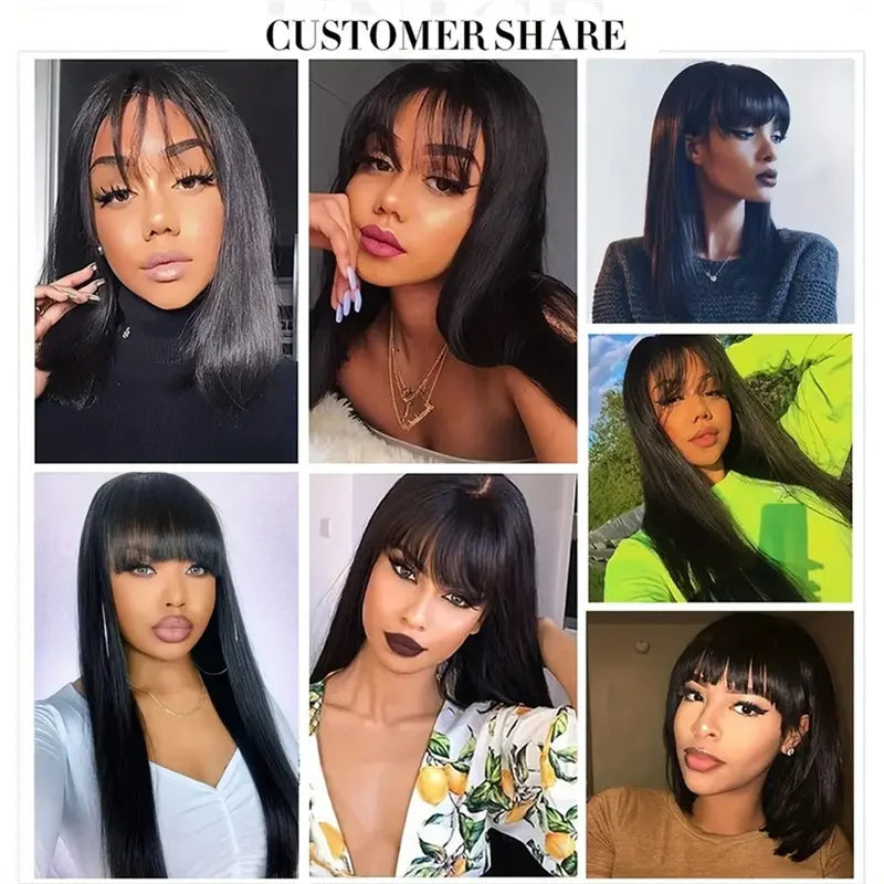 Full Machine Made Human Hair Wigs for Women - Straight Remy Hair with Bangs, Multiple Lengths