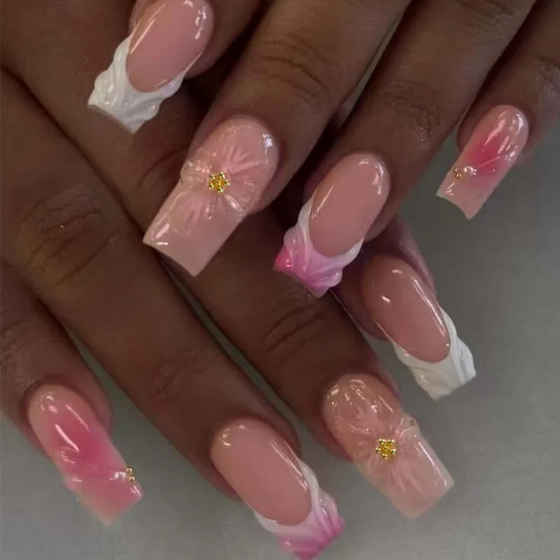 24Pcs Long Square 3D Gel Nail Art Set with Pearl Decor for French Acrylic Press-On Nails