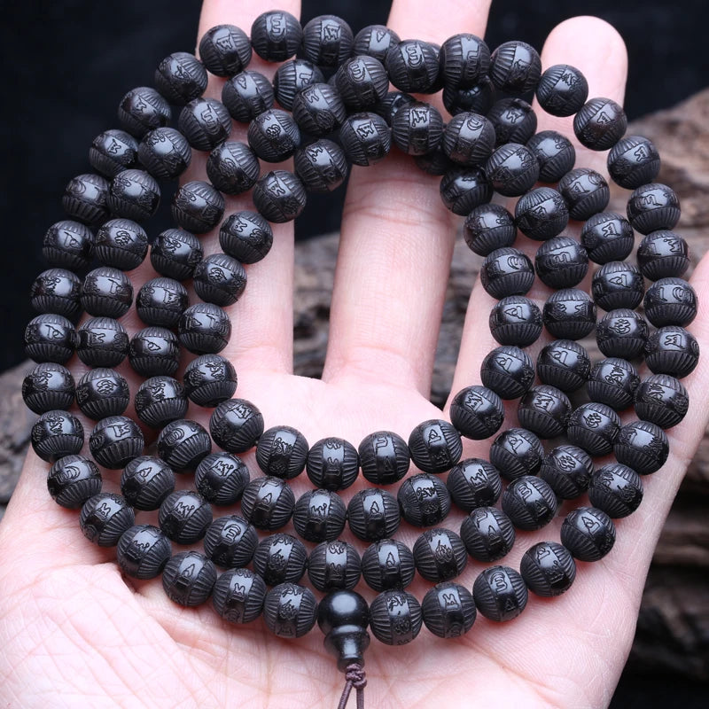Natural Ebony Prayer Wheel Necklace with 108 Beads and Six-Character Mantra - Tibetan Buddhist Jewelry