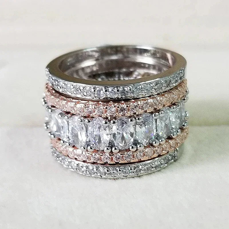 Luxury Two-Tone Wide Ring for Women Cubic Zirconia Party Jewelry