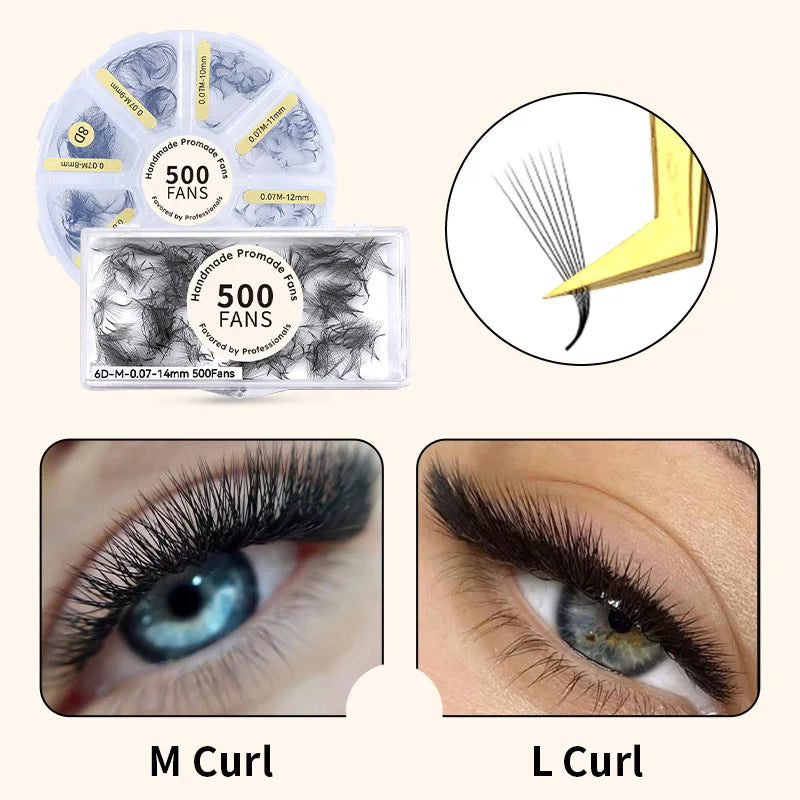 Premade Russian Volume Eyelash Fans - 3D to 8D L Curl, 500 Fans per Tray