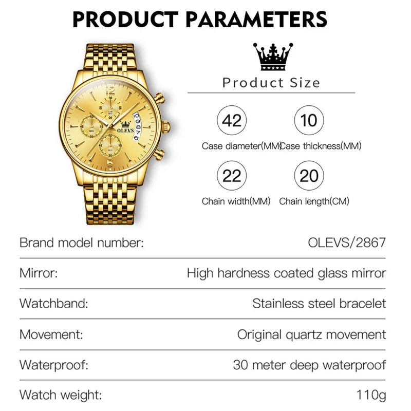 Men's Luxury Waterproof Stainless Steel Quartz Watch with Box Gift Set