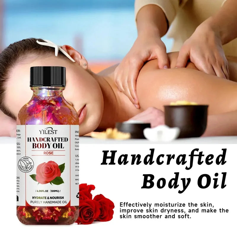 Handcrafted Rose Body Oil - 120ml Natural Hydrating Oil for Dry Skin