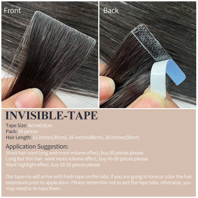 Natural Human Hair Extensions Tape-In Weft - Double-Sided, Black Blonde Brown Options