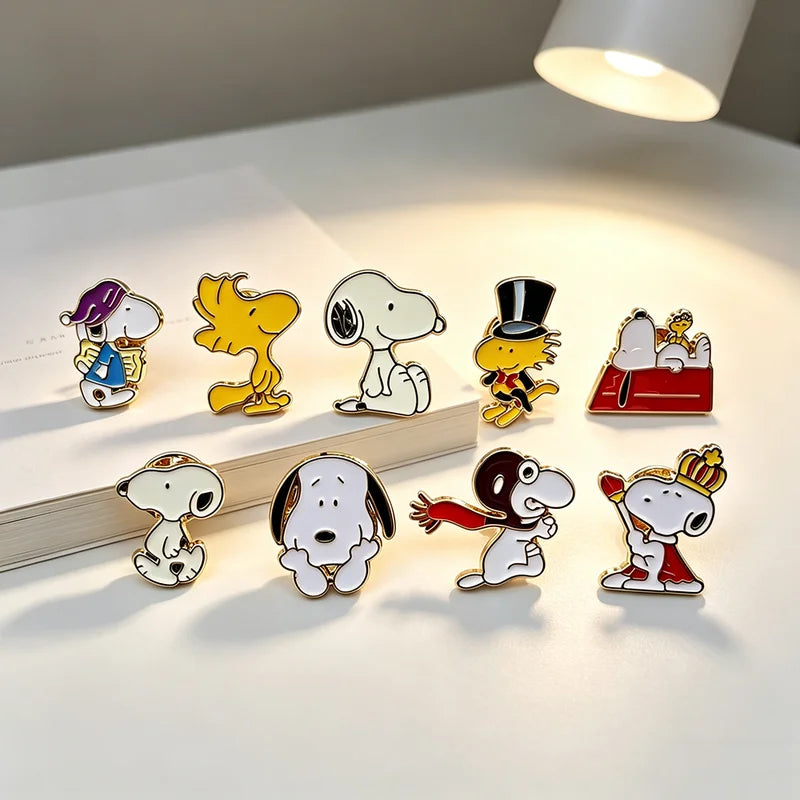 9pcs Cartoon Snoopy & Woodstock Brooch Set Collectible Pins for Fans Kids Backpacks