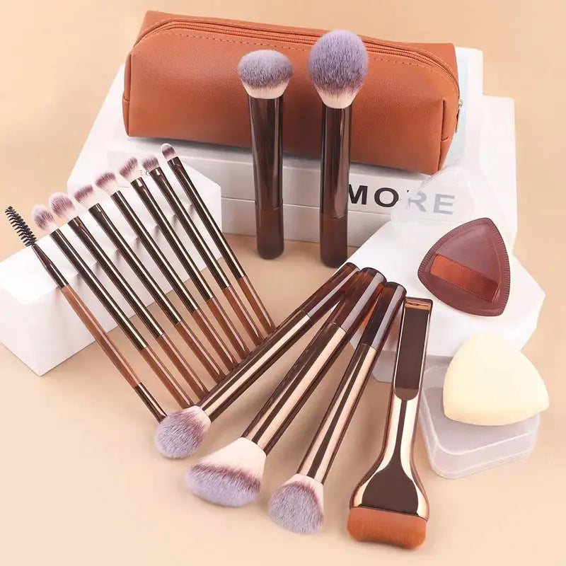 17-Piece Professional Makeup Brush Set with Aluminum Handles - Soft Wool Fiber Brushes for Face & Eyes