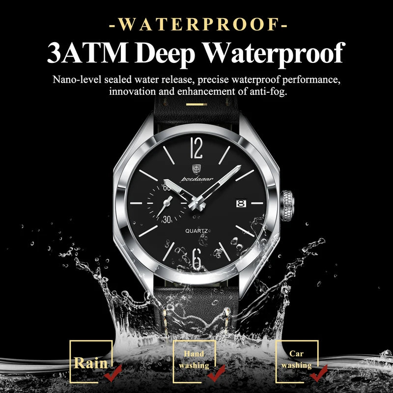 Men's Waterproof Leather Quartz Watch with Luminous Dial and Date Function