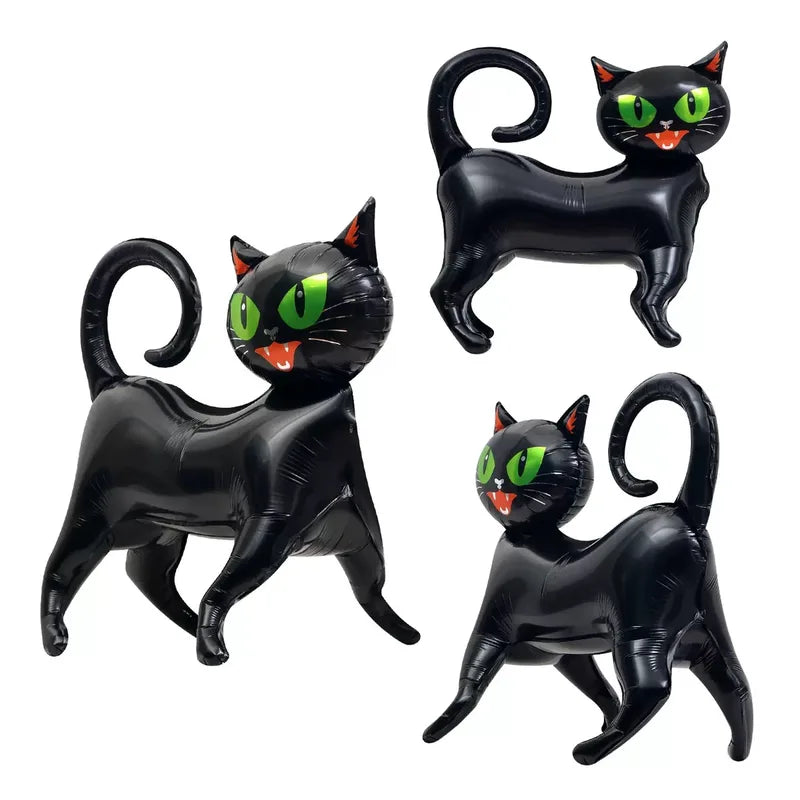 Halloween Black Cat Balloon Decoration with 4D Cartoon Standing Design, Green Eyes, Aluminum Foil, Binding Cloth Style