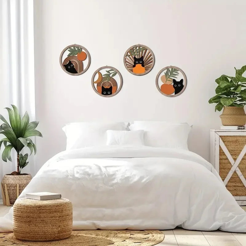 Bohemian Wall Art Decor Set - Hollowed-Out Wooden Sculptures for Living Room and Bedroom