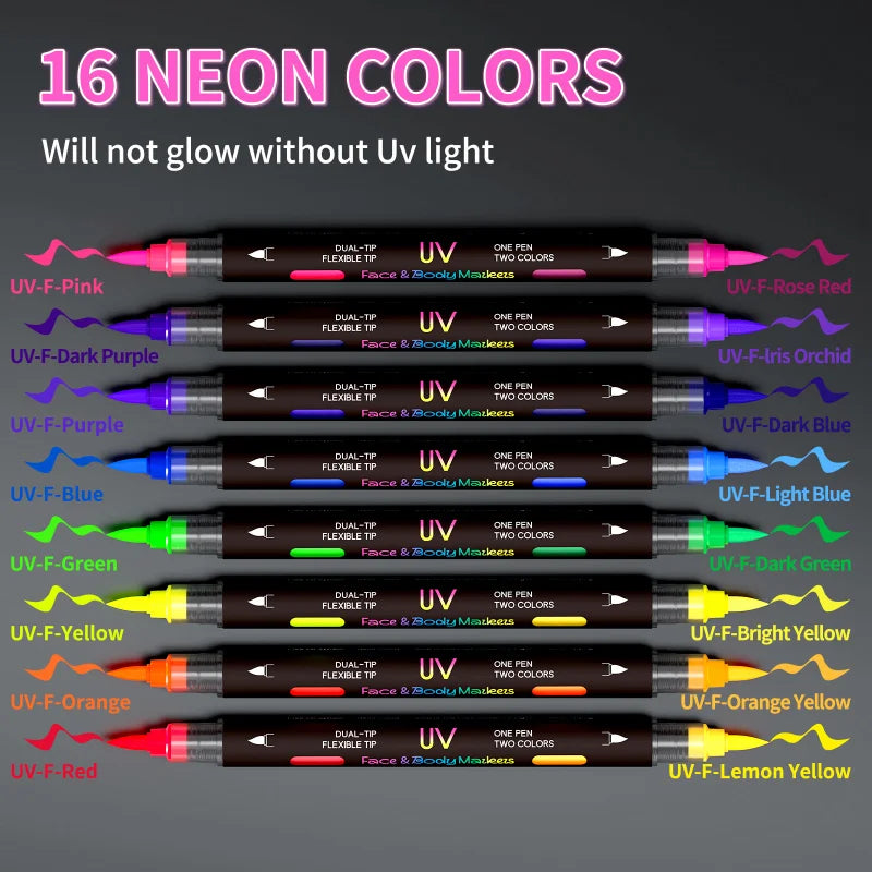 Glow in The Dark Face Paint Markers 8-Pack, Neon UV Body Art Pens for Skin & Tattoos